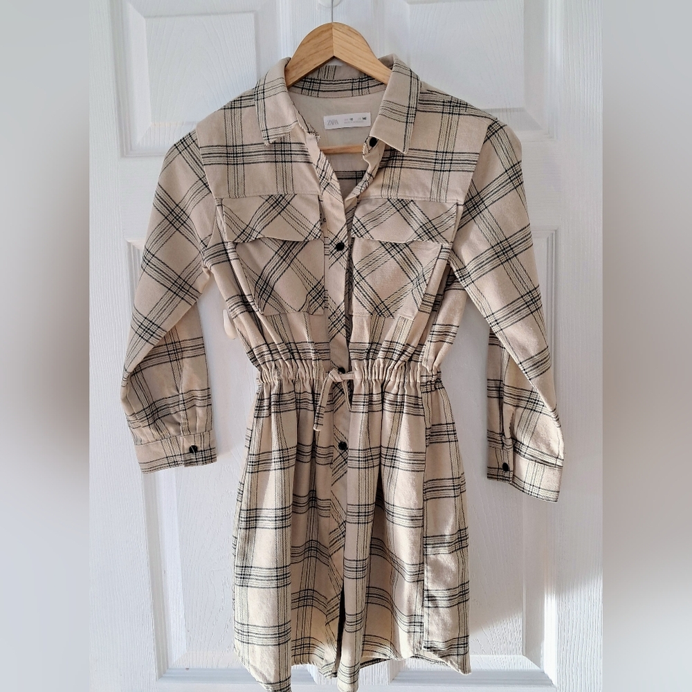 Zara Big Girls Black and Cream Plaid Fabric Dress | Size 10